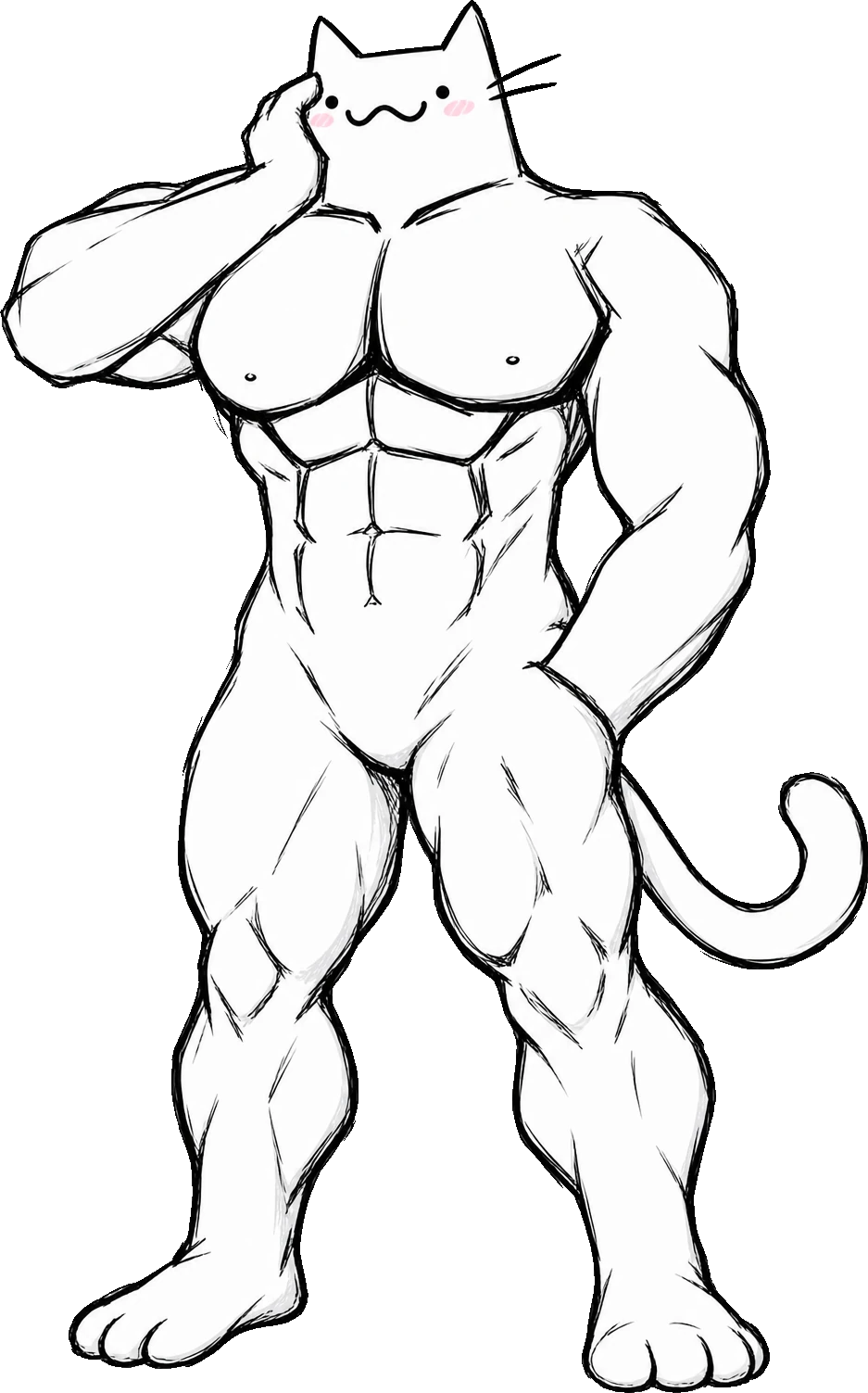 a cat with a kitten face on a bodybuilder body, one paw behind his head